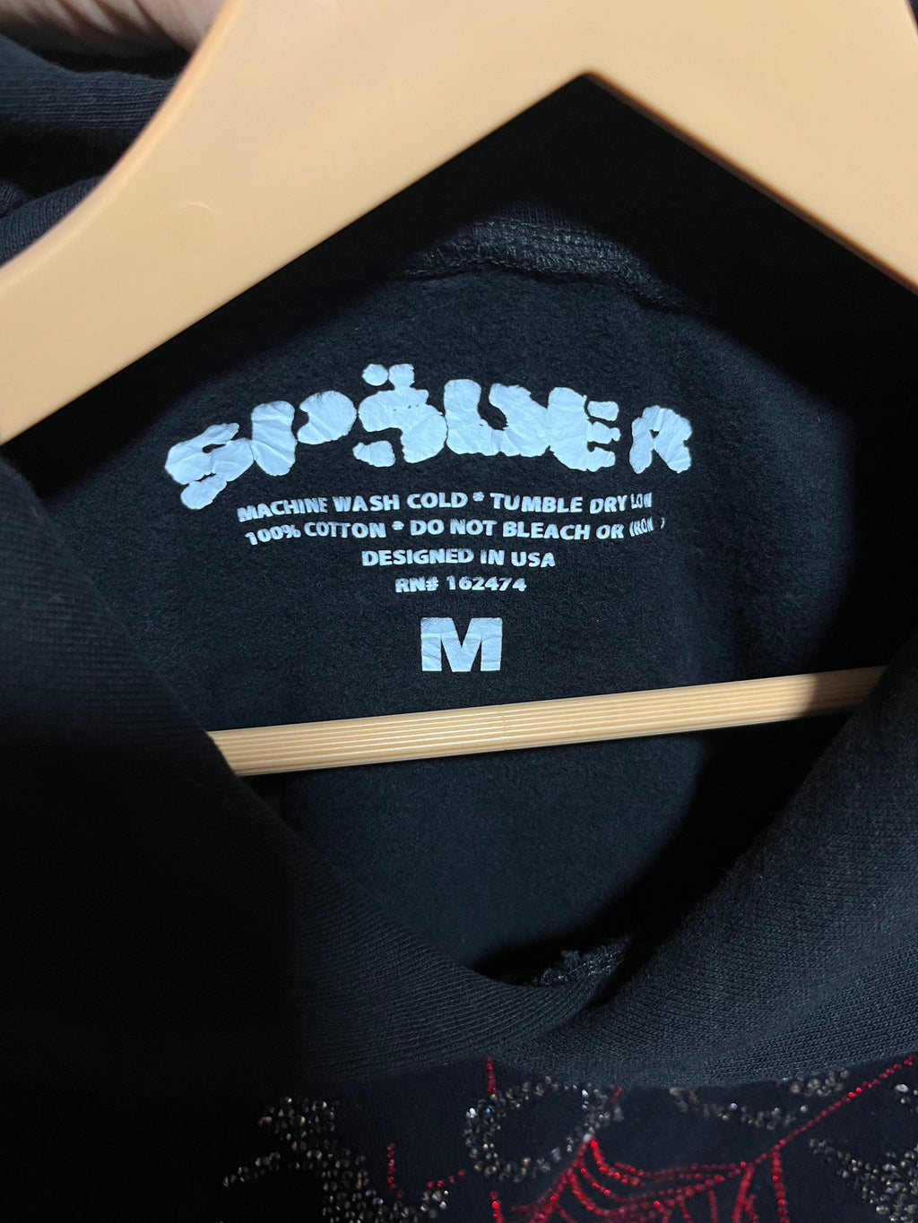 Sp5der Black Hoodie with Rhinestone