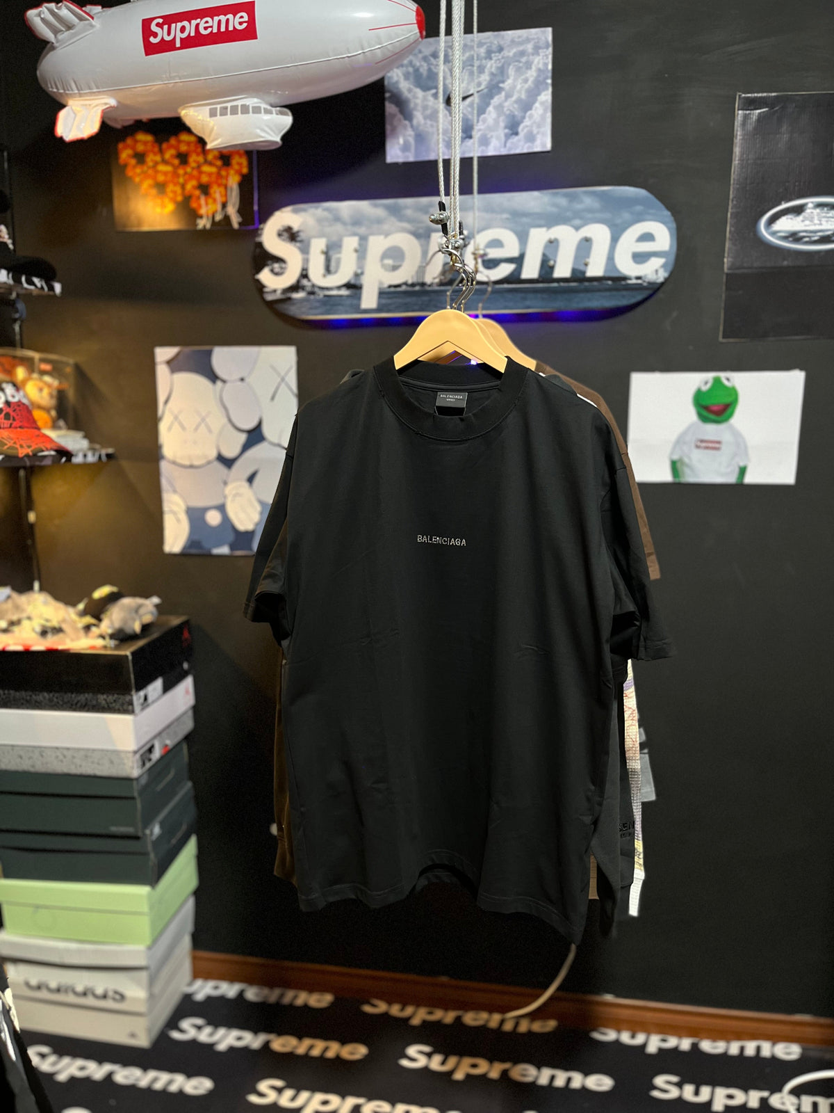 Balenciaga Black Distressed Rhinestone-Logo T-Shirt