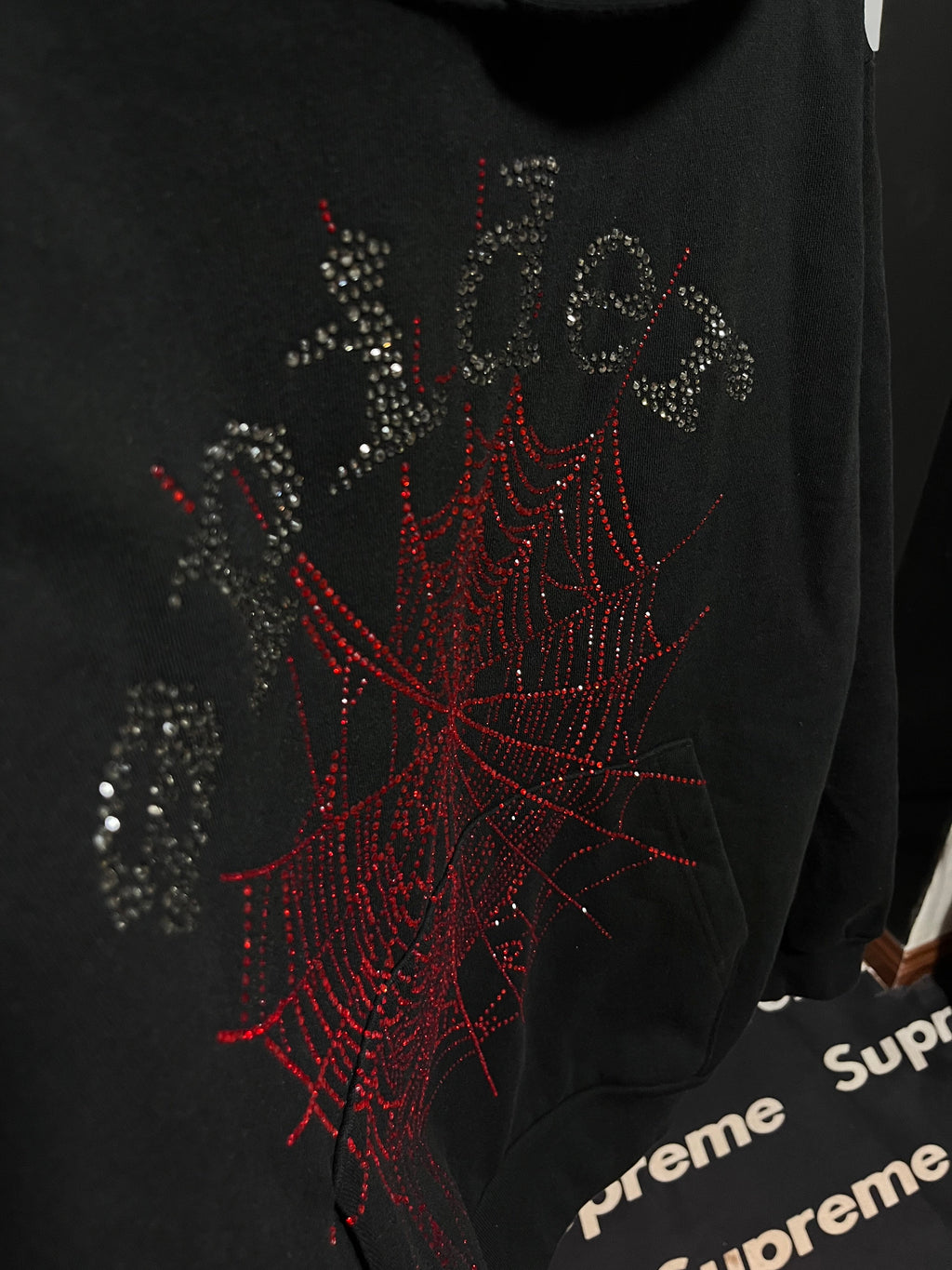 Sp5der Black Hoodie with Rhinestone
