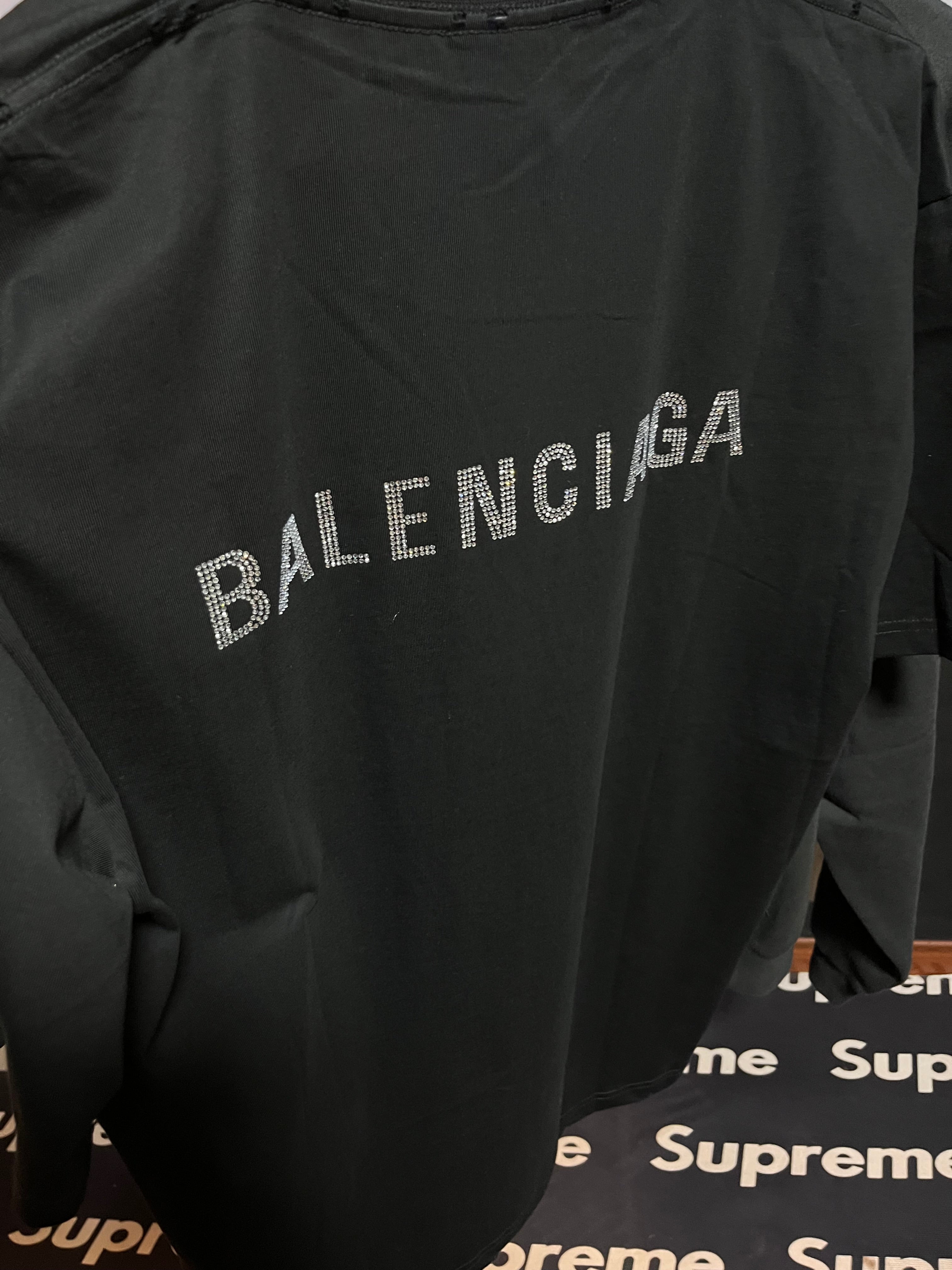 Balenciaga Black Distressed Rhinestone-Logo T-Shirt