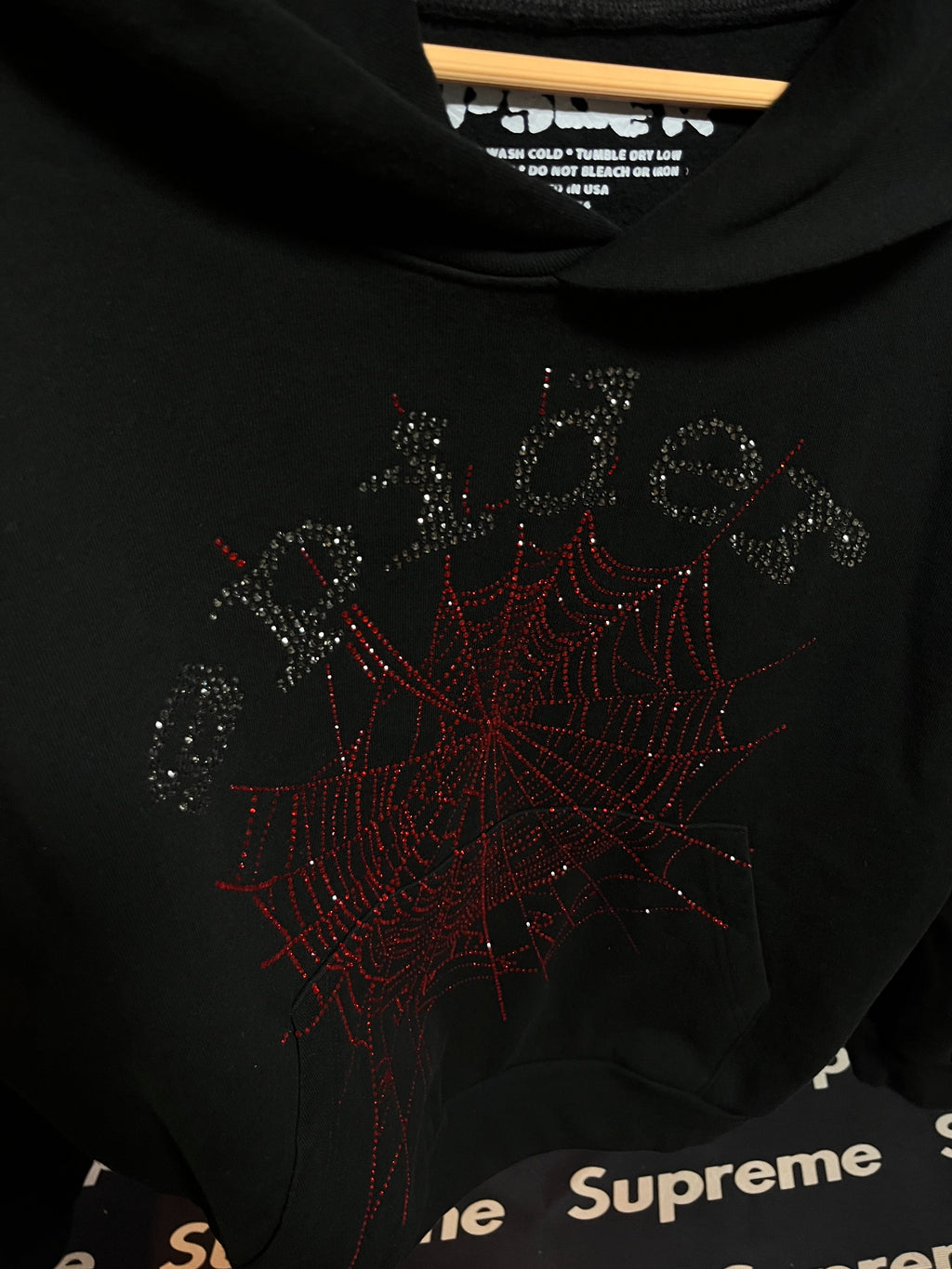 Sp5der Black Hoodie with Rhinestone