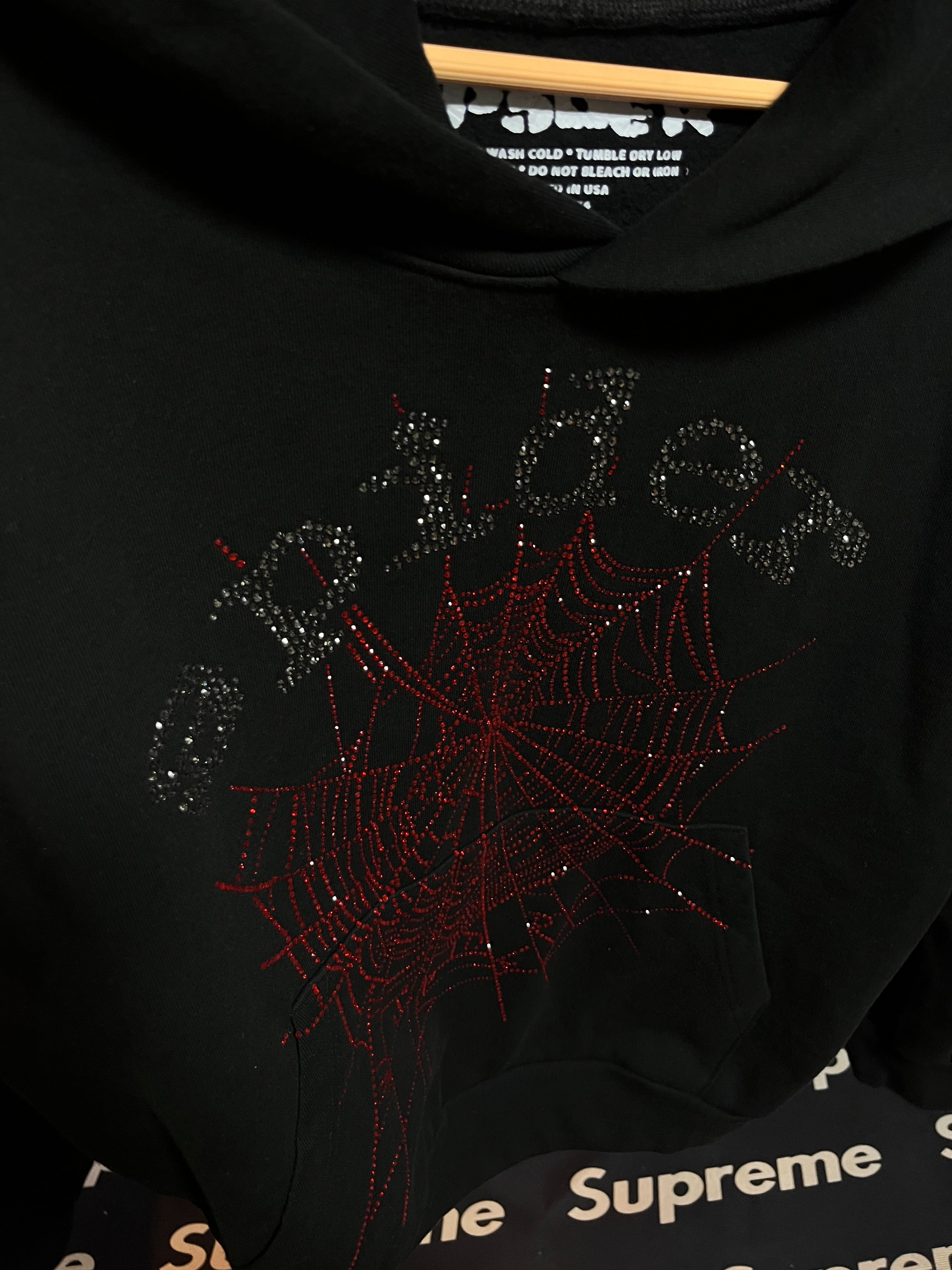 Sp5der Black Hoodie with Rhinestone