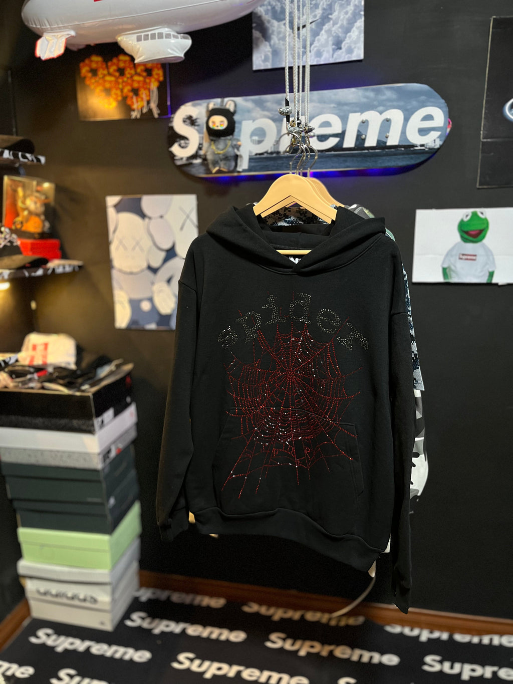 Sp5der Black Hoodie with Rhinestone