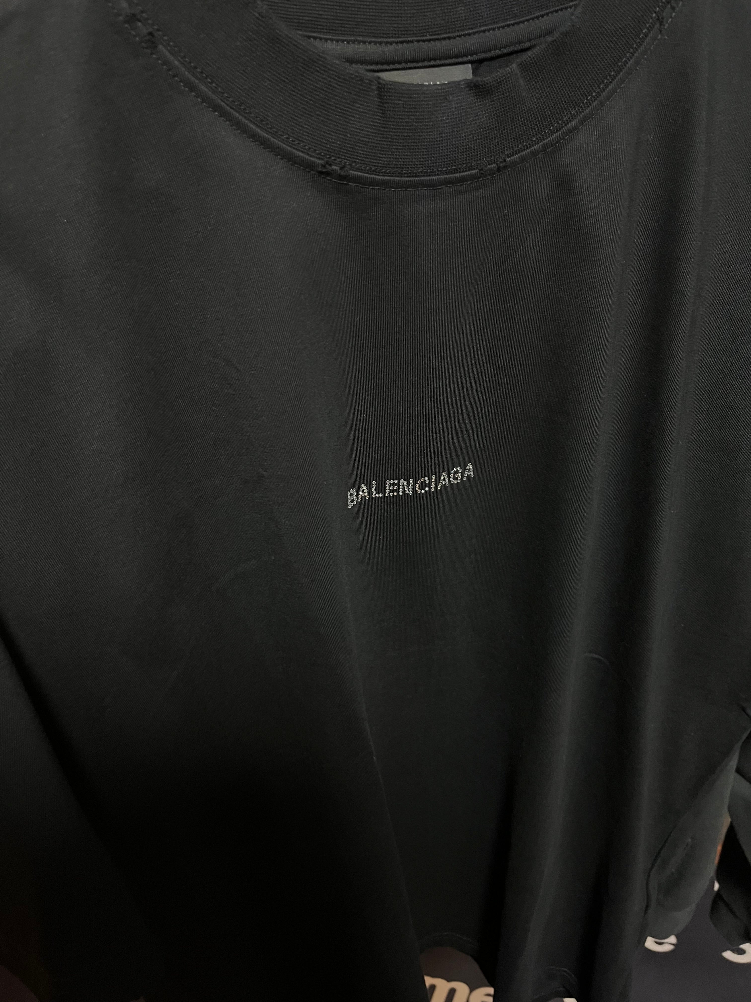 Balenciaga Black Distressed Rhinestone-Logo T-Shirt