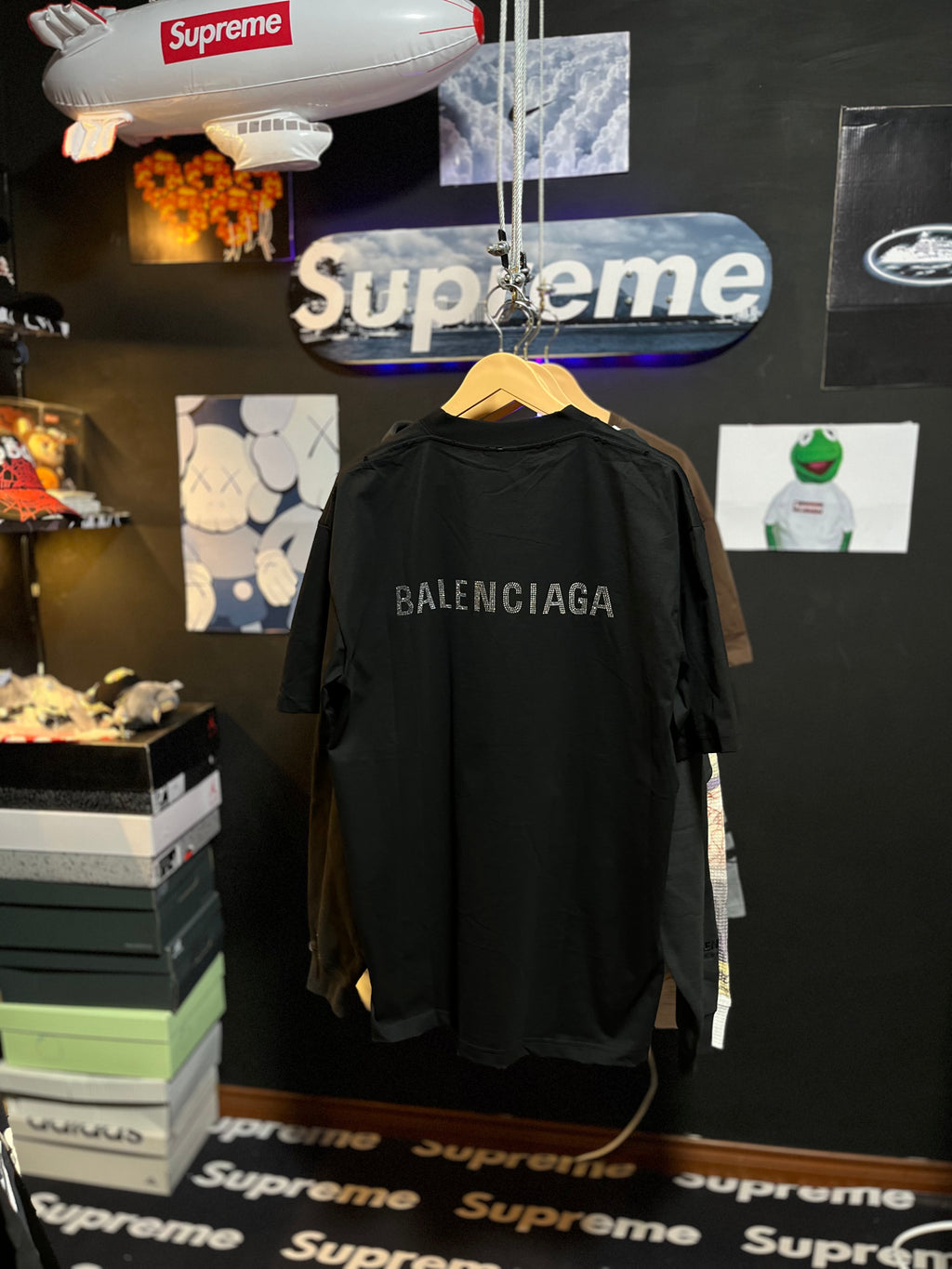 Balenciaga Black Distressed Rhinestone-Logo T-Shirt