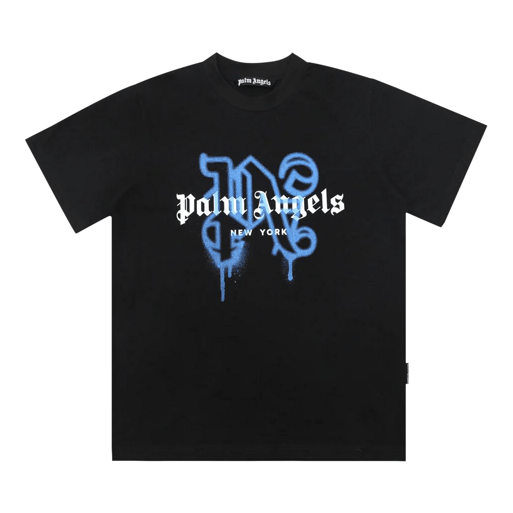 Palm Angels NY Monogram Spray Tee 'Black/Blue' - frontal