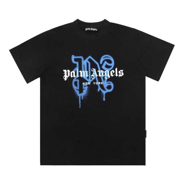 Palm Angels NY Monogram Spray Tee 'Black/Blue' - frontal