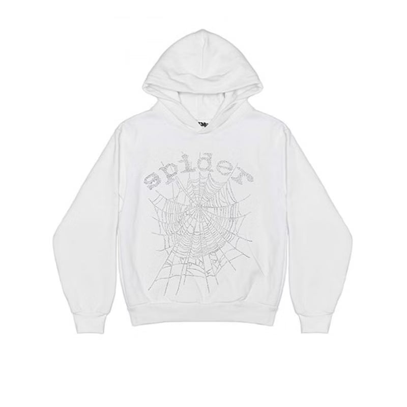 Sp5der OG Rhinestone Logo Hoodie White - frontal