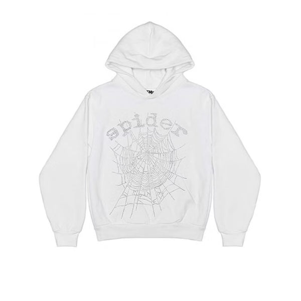 Sp5der OG Rhinestone Logo Hoodie White - frontal