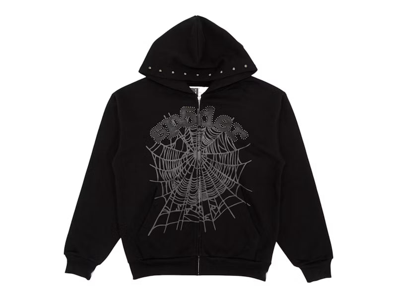 Sp5der OG Web Studded Zip Hoodie Black - frontal