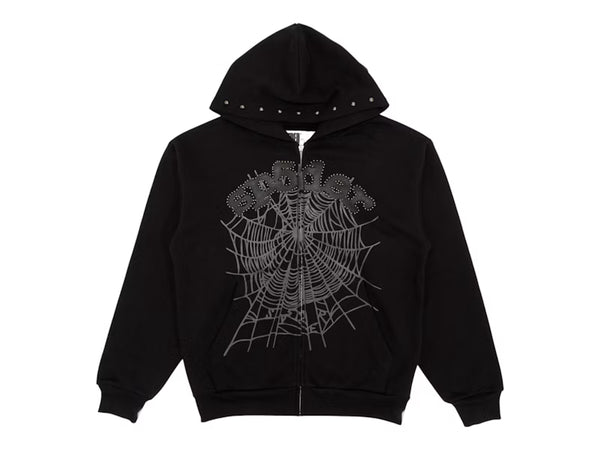 Sp5der OG Web Studded Zip Hoodie Black - frontal