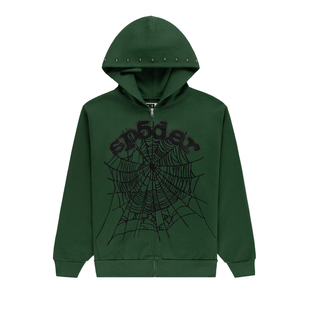 Sp5der Og Web Studded Zip Hoodie 'Green' - frontal