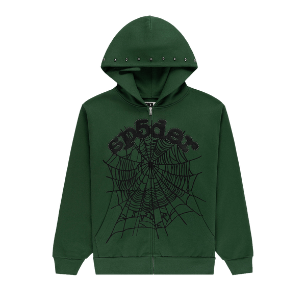 Sp5der Og Web Studded Zip Hoodie 'Green' - frontal