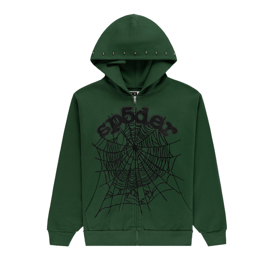 Sp5der Og Web Studded Zip Hoodie 'Green'