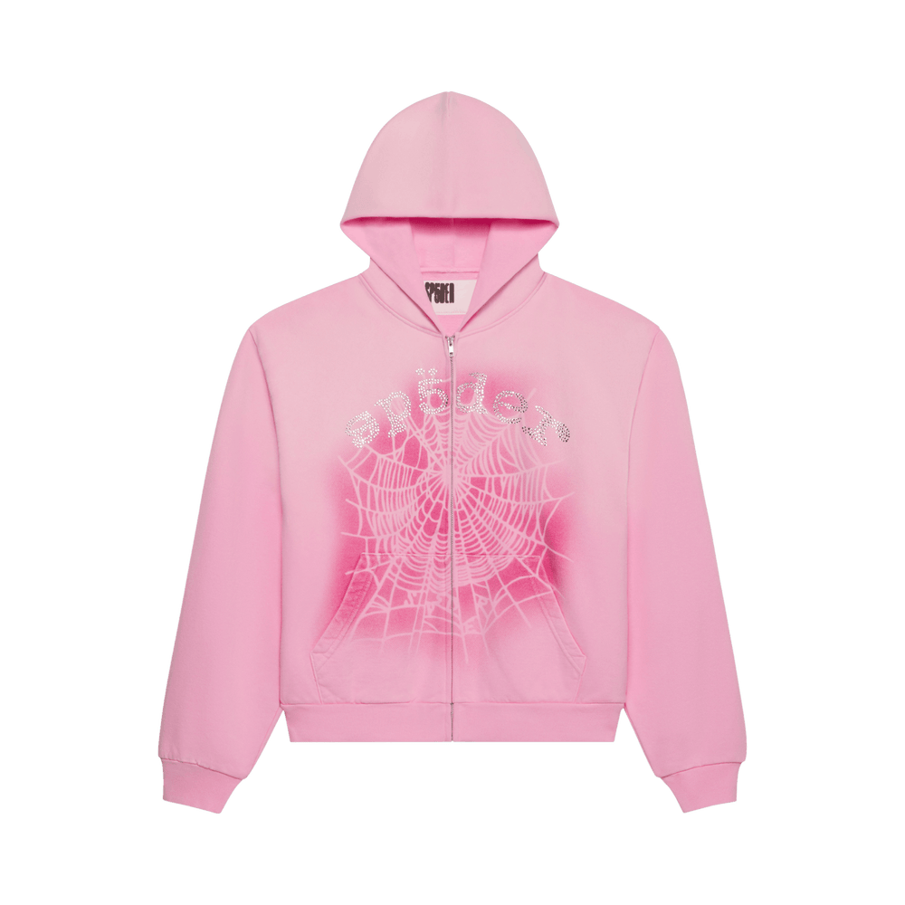 Sp5der OG Web V2 Spray Zip Hoodie 'Light Pink' - frontal