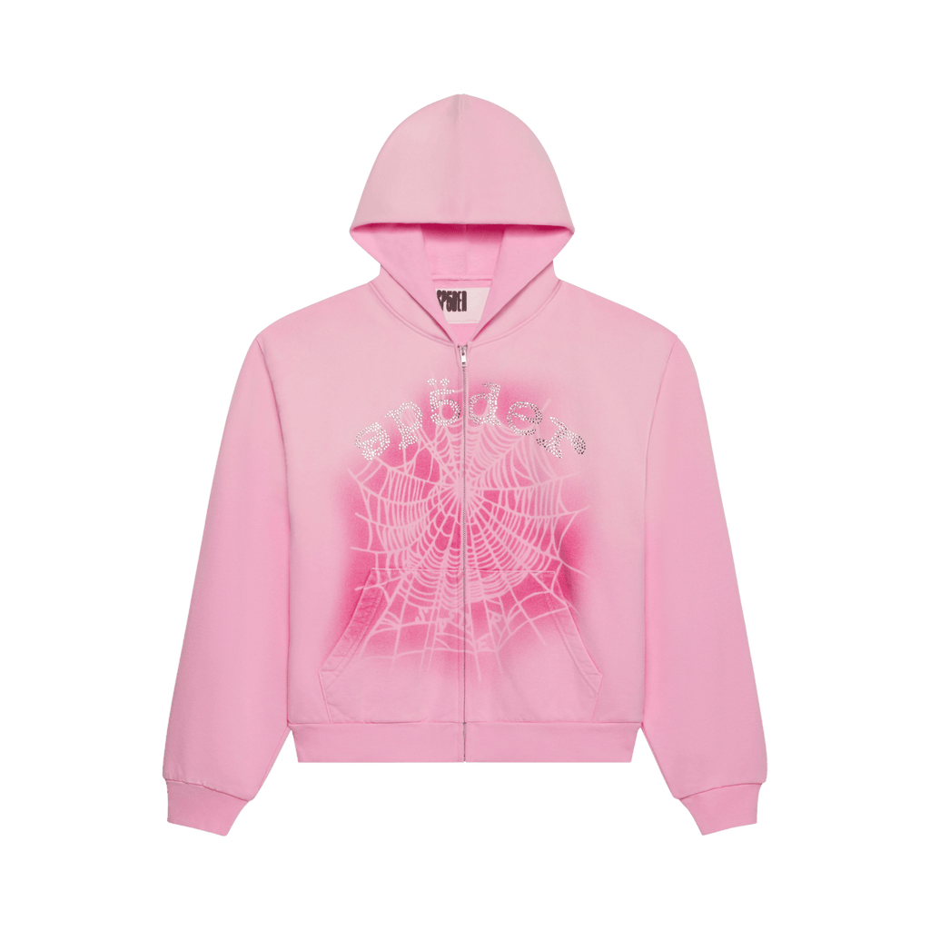 Sp5der OG Web V2 Spray Zip Hoodie 'Light Pink' - frontal