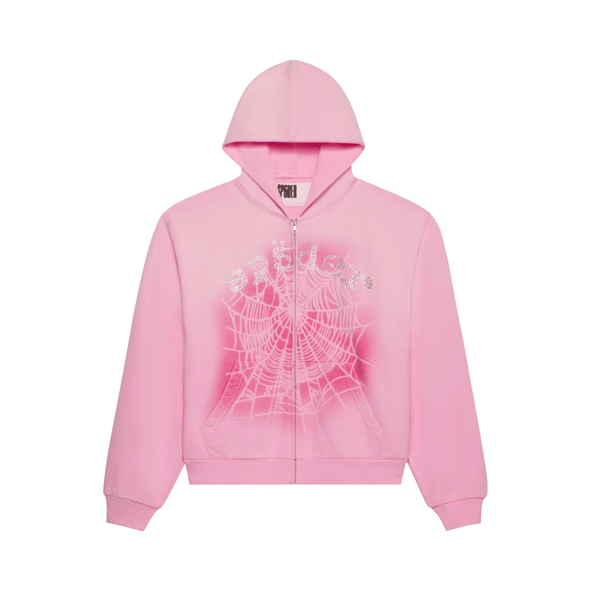 Sp5der OG Web V2 Spray Zip Hoodie 'Light Pink' - frontal