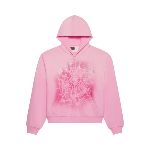 Sp5der OG Web V2 Spray Zip Hoodie 'Light Pink' - frontal