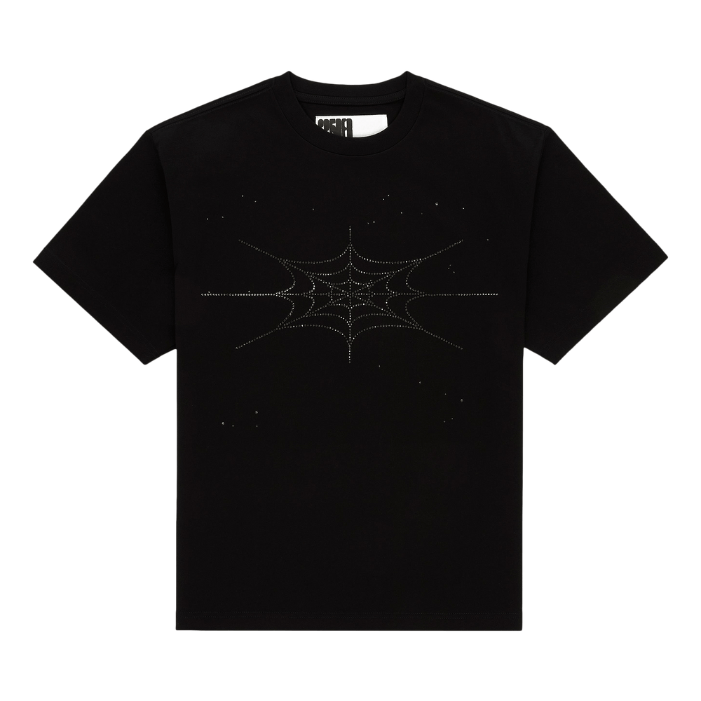 Sp5der Rhinestone Silk Tee 'Black' - frontal