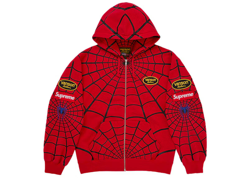 Supreme Vanson Leathers Spider-Man Zip Up Hooded Sweatshirt Red - frontal