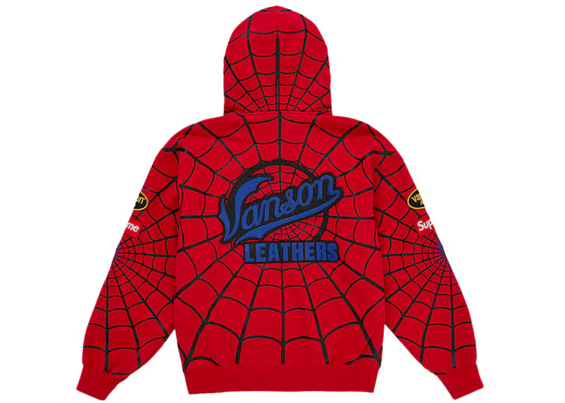 Supreme Vanson Leathers Spider-Man Zip Up Hooded Sweatshirt Red - posterior